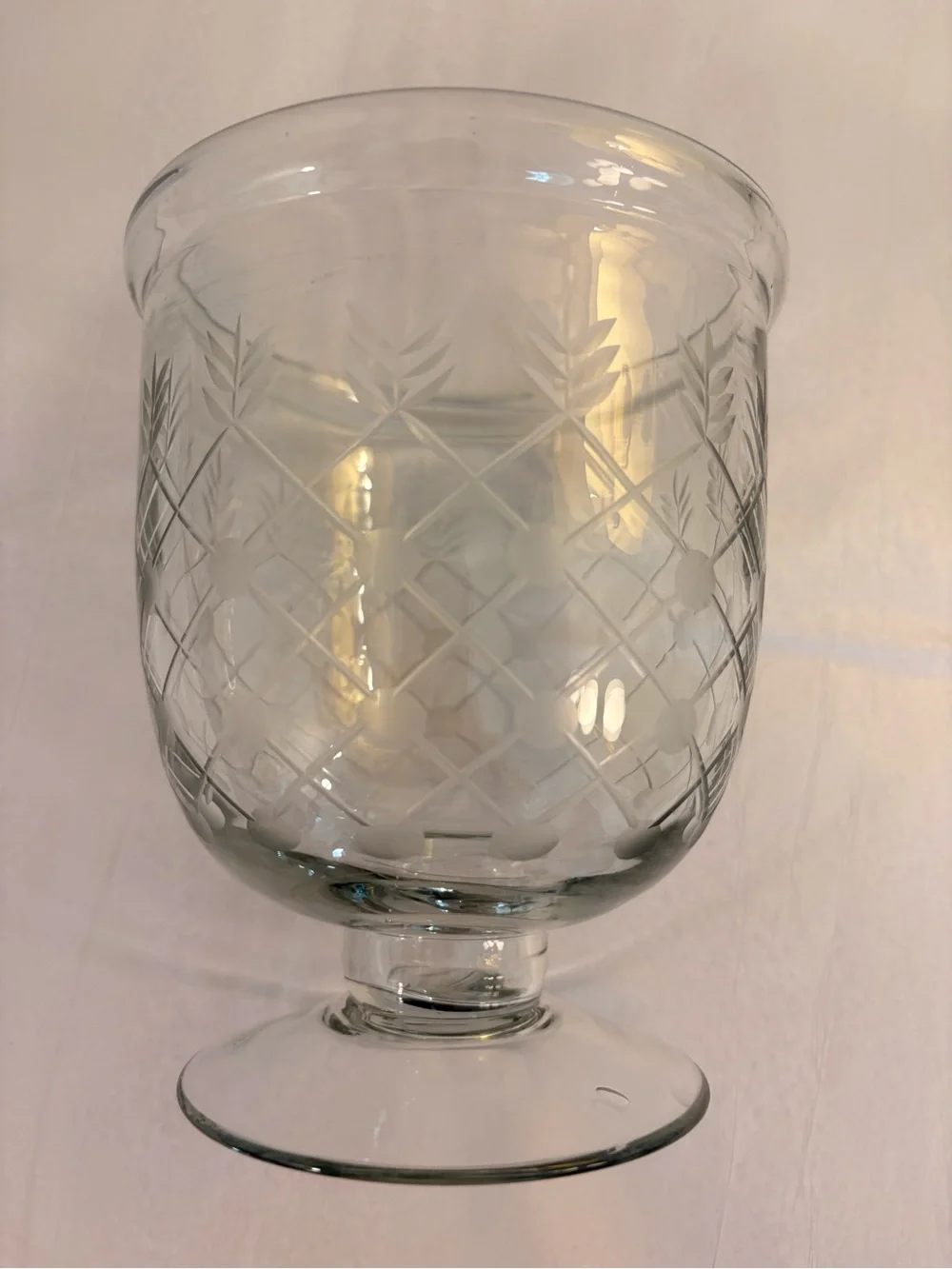 Etched Clear Glass Pedestal 6” Tall Hurricane / Vase